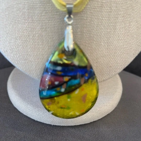 Blown Art Glass Tear Drop Pendant With Yellow Ribbon Necklace